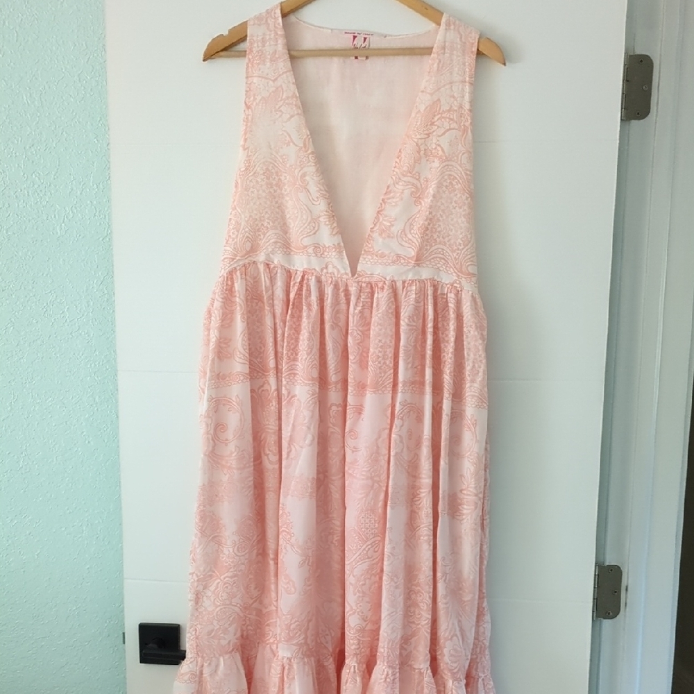Nolita Denimes Pink Sleeveless Feminine Tiered Maxi Dress Deep V-Neck One Sz